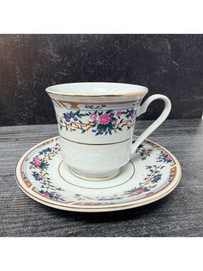 Vintage Truly Tasteful Fine China Teacup Saucer Pink Blue Floral Gold Trim 1980s